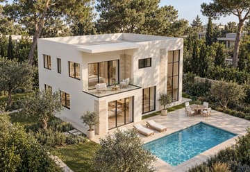 Εικόνα 1 από 4: Διώροφη κατοικία με πισίνα, μπαλκόνι με γυάλινο στηθαίο και κήπο με ελαιόδεντρα, στο απογευματινό φως
