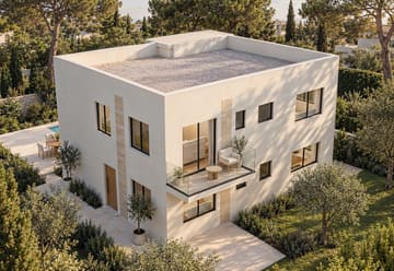 Εικόνα 2 από 4: Η διώροφη κατοικία από την πλευρά του κήπου, με δώμα και πέτρινες λεπτομέρειες στην πρόσοψη