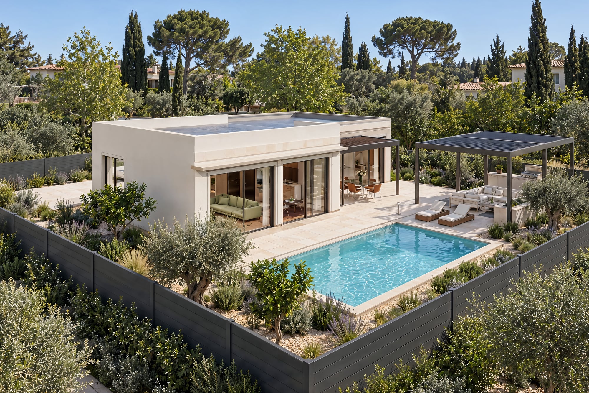 Ισόγεια villa από ψηλά, με πισίνα, πέργκολα με υπαίθριο καθιστικό, ελαιόδεντρα και κυπαρίσσια